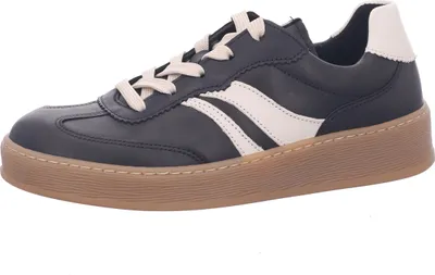 A single black sneaker with white stripes and a brown sole is shown against a white background.