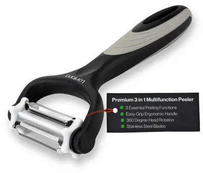 3-in-1 Gemüseschäler mit 3 Klingen, Schwarz/Edelstahl