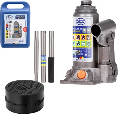 Produktbild von alca® Stempelwagenheber Set I Hydraulischer Unterstellheber 2t im Koffer mit Gummiauflage I Hubhöhe 158–308 I Wagenheber & , nachfüllbar