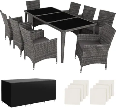 Image de Salon de jardin Menorca 8 places avec 2 sets de housses + housse de protection - gris