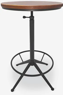 A round, adjustable height bar or kitchen table with a wooden top and a black metal base.