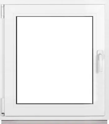 A white window frame with a clear glass pane, set against a white background.