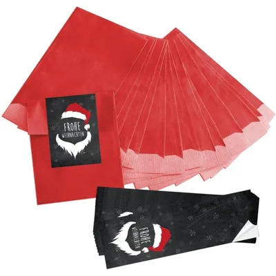 Produktbild von 10 kleine rote Papiertüten Papiertütchen (13 x 18 cm) + 10 Aufkleber grün weiß rot WEIHNACHTSBAUM (5 x 15 cm) Weihnachtsaufkleber - Mini Verpackung Weihnachten für give-awaysWeihnachtsmann / 10 Stück