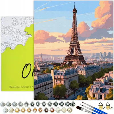 Immagine prodotto di Pittura per numeri Adulti Città di Parigi al tramonto 50x40 - 30 colori acrilici, tela con telaio in legno, 3 pennelli e accessori Oh Art!