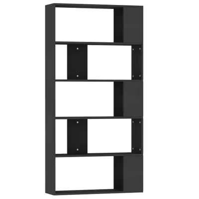 A black bookshelf with multiple compartments against a white background.