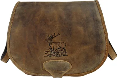 A brown leather hunting bag with a deer embossed on it.