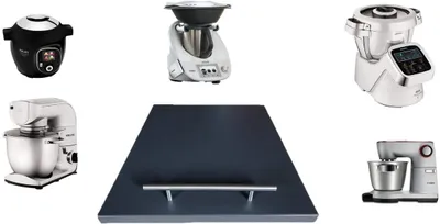 A collage of kitchen appliances and a dark gray countertop.