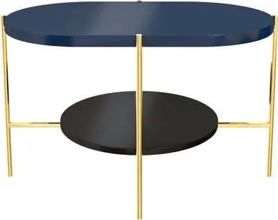 Produktbild von Arena Moderner Couchtisch mit 2 Ablagen / Oval + Rund / 80 x 50 x 50 cm / mit Gold Metallgestell / Marineblau / Schwarz