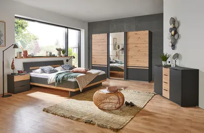 Produktbild von Schlafzimmer Komplett Set GRANADA-43 mit Bett 180x200cm und Schwebetürenschrank in graphit mit Artisan Eiche Nb.