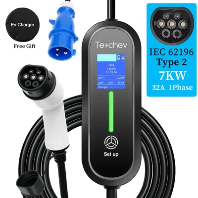 Produktbild von Tragbares Typ-2-EV-Ladegerät - 7 kW Typ 2 - 32 A - Touchscreen - 3,5-m-Kabel - IP55 - CEE-Stecker