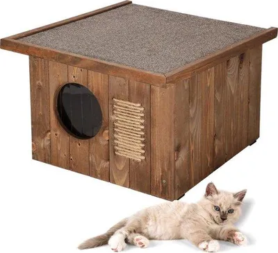 Productafbeelding van Kattenhuis Hout - Dierenverblijf Buiten - Bescherming Kat - Winterbestendig Geïsoleerd - 58 x 49.5 cm - Bruin