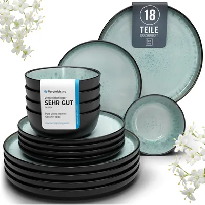 Produktbild von Steingut Geschirrset 6 Pers. Ibiza 18-tlg Hochwertiges Mediterranes Geschirr Set - Schüssel- und Teller Set - Tafelservice 6 Personen Geschirrsets