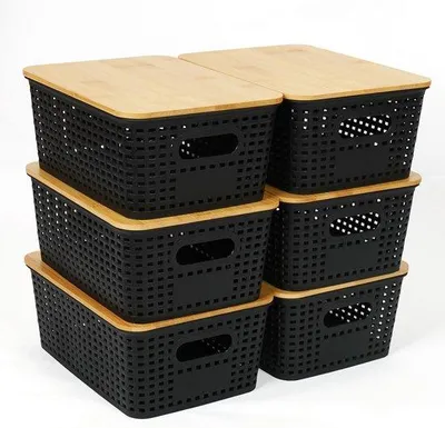 Produktbild von Famanu Aufbewahrungskorb mit Bambusdeckel und Griff – Organizer für Regal, Schublade und Schreibtisch – Schwarz