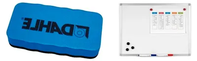 Produktbild von Magnetisches Whiteboard 60 x 45 cm mit Aluminiumrahmen und Stifteablage, trocken abwischbar, wiederbeschreibbar und Dahle Whiteboard Schwamm in Blau