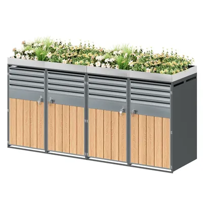 Produktbild von Mülltonnenbox mit Lamellen-Belüftung, abschließbar mit vier Türen & Pflanzfläche, doppelwandiger Abfallbehälter für Garten, graues Holz-Design