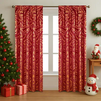 Productafbeelding van Fluwelen gordijnen, set van 2, verduisterend, met gouden bladeren, fluweel, kerstdecoratie, geschikt voor woonkamer en slaapkamer, rood, afmetingen 132x214 cm