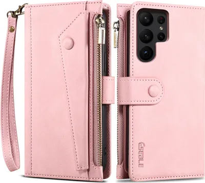 Produktbild von Schutzhülle für Samsung Galaxy S23 Ultra Reißverschluss Hülle, Leder Klapphülle Kartenfach Standfunktion Brieftasche mit Trageband Rosa