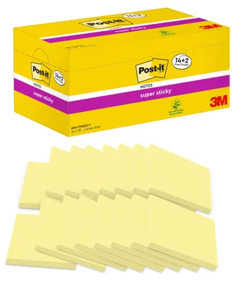 Produktbild von Post-it Super Sticky Notes Kanariengelb, Vorteilspackung, 14 Blöcken + 2 Gratisblöcke, 90 Blatt pro Block, 76 mm x 76 mm, Gelb - Extra-stark klebende