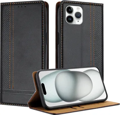 Produktbild von Handyhülle für iPhone 11 Pro Leder Flip Klappbare Schutzhülle mit Standfunktion Schwarz