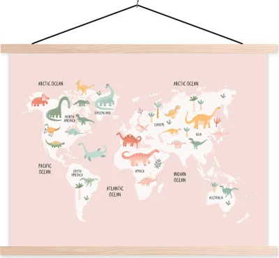 Produktbild von MuchoWow® Textilposter Weltkarte - Kinder - Dino 40x30 cm mit holzfarbenen Rahmen - Bilder