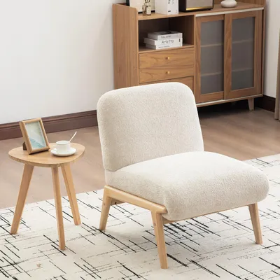 Immagine prodotto di Poltrona MODFU con schienale, imbottita in tessuto ciniglia abbinato a una struttura in legno. Adatta per il soggiorno. Colore: beige