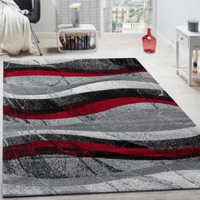Produktbild von Teppich Modern Kurzflor Wellen Optik Abstrakt Grau Schwarz Rot Grösse 60x100 cm