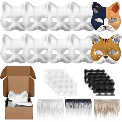 Produktbild von DIY Katzenmasken zum Bemalen, 10 Stück weiße Papiermasken mit Kunstfell & Augen-Mesh für Halloween und Cosplay