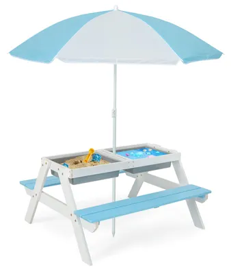 Immagine prodotto di Set di sedute per bambini KOMFOTTEU, completo di ombrellone, tavolo e panchina in legno 3-in-1, con piano del tavolo removibile, 2 contenitori portaoggetti e ombrellone removibile e pieghevole, ideale per giardino e terrazza