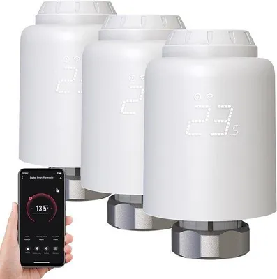 Zdjęcie produktu dla Inteligentne termostaty grzejnikowe, zestaw 3 sztuk. Inteligentne termostaty grzejnikowe z funkcją sterowania przez aplikację, programowalne, z cyfrowym wyświetlaczem, kompatybilne z