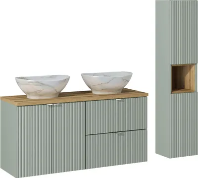 Immagine prodotto di Set Da Bagno Con Due Lavabi, Armadietti E Colonna Da 120 Cm – Verde Con Piano In Rovere