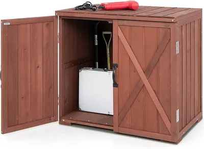 Produktbild von Gartenschrank Holz, Werkzeugschrank mit mit Doppeltüren & Griffen, Lagerschrank mit Arbeitsplatte, Geräteschuppen für Hinterhof & Garten, 77 x 56 x 72 cm, Braun
