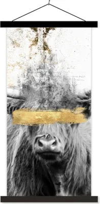 Produktbild von MuchoWow® Textilposter Schottisches Hochlandrind - Gold - Abstrakt 40x80 cm mit schwarzem Rahmen - Wandemalerei
