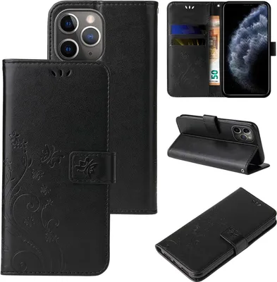 Produktbild von Handyhülle für Apple iPhone 11 Pro Max Floral Blumen Schmetterling Flip Cover Hülle Case Klapphülle Handytasche Farbe: Schwarz