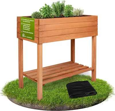 Produktbild von TTL GARDEN Balkon Hochbeet M 80x40x80 cm – Holz Pflanzkasten mit Ablage & Folie braun