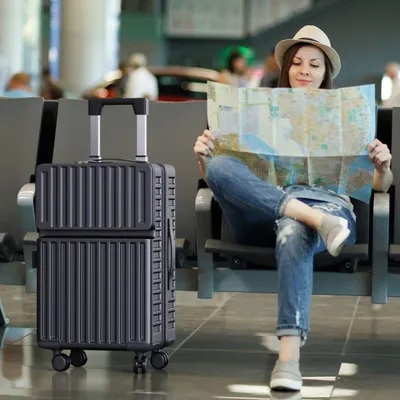 Obrázok produktu pre Sada kufrov UnboxG 2-dielna čierna ABS tvrdá škrupina 20" a 24" cestovný kufor na kolieskach s 360° kolieskami a zámkom TSA