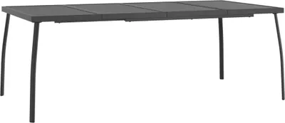 A dark gray metal garden table with four legs on a white background.