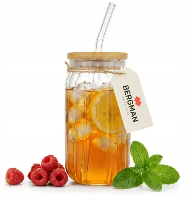 Produktbild von Bergman Glas Becher mit Bambusdeckel und Strohhalm 480 ml