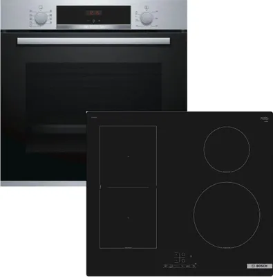 A Bosch oven and a Bosch induction hob are shown side-by-side against a white background.