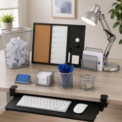Produktbild von Retro-Heimbüro-Set (4-teilig) – Schreibtischlampe, 3-in-1-Pinnwand, Netz-Organizer und Tastaturablage