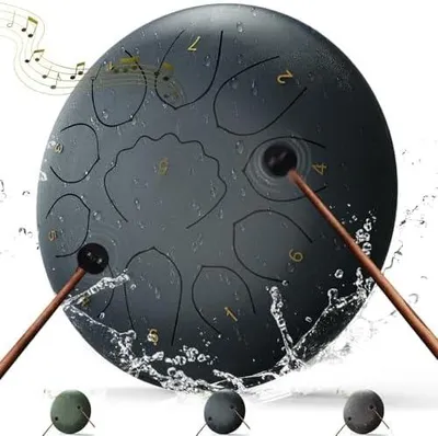Produktbild von Tragbare 20,3 cm Stahlzungentrommel mit 11 Noten in A-Dur, Handpan-Trommel für den Außenbereich mit Schlägeln, Fingerplektren, Tragetasche und Musikbuch für Anfänger, Yoga und Meditation