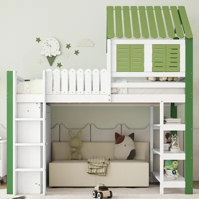 Produktbild von Merax Hochbett 90x200cm mit Dach und Fenster, Kinderbett mit Fallschutz, Jungenbett mit Kleiderschrank, Leiter, Spielbereich, Weiß+Grün, MDF & Kiefer