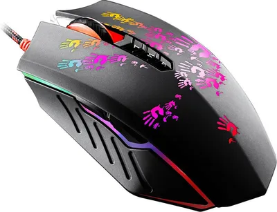 A gaming mouse with colorful handprint graphics and RGB lighting.