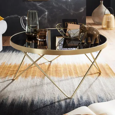 Produktbild von FineBuy Couchtisch Ø 82 cm Schwarz Gold Beistelltisch Metall / Glas Tisch mit Glasplatte Ablagetisch modern Großer Wohnzimmertisch Glastisch