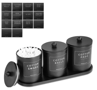 Produktbild von Set aus Glasbehältern für Wattestäbchen, mit Bambus-Servierttablett und Etiketten