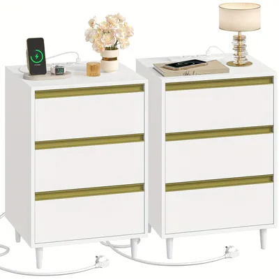 Immagine prodotto di Comodini bianchi - Comodino - Mobiletto per il letto - Mobiletto per la camera da letto - Tavolino da notte - Set di 2 con 3 cassetti