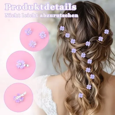 Produktbild von 10 kleine Blumen-Haarspangen in Lila für Damen, Mini-Haarklammern als Braut- und Hochzeitshaarschmuck