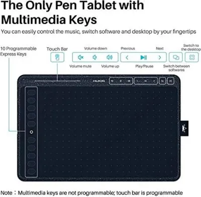 A marketing image of a HUION pen tablet, highlighting its features like multimedia keys and a touch bar.