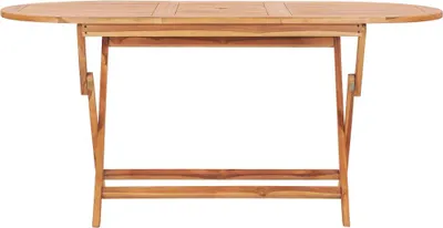 A wooden folding garden table is shown against a white background.