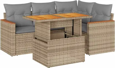 Produktbild von vidaXL 5-tlg. Garten-Sofagarnitur mit Kissen Beige Poly Rattan Akazie