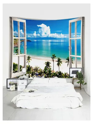 Produktbild von Wandteppich Strand Meer, Tropische Natur Landschaft für Schlafzimmer und Wohnzimmer 240 x 220 cm Blau Himmel